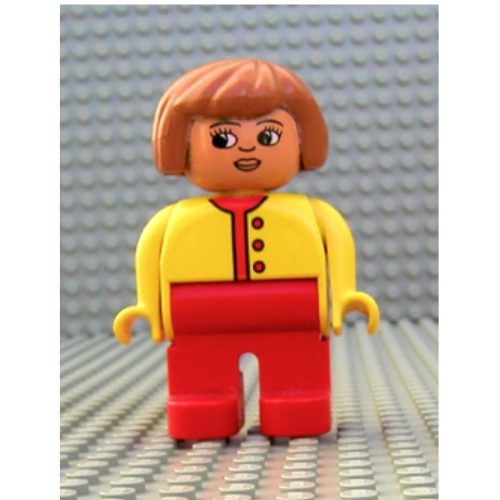 Duplo Figure, Early, Hair Bob Fabuland Brown, Red Legs, Red Buttons and Undershirt Yellow