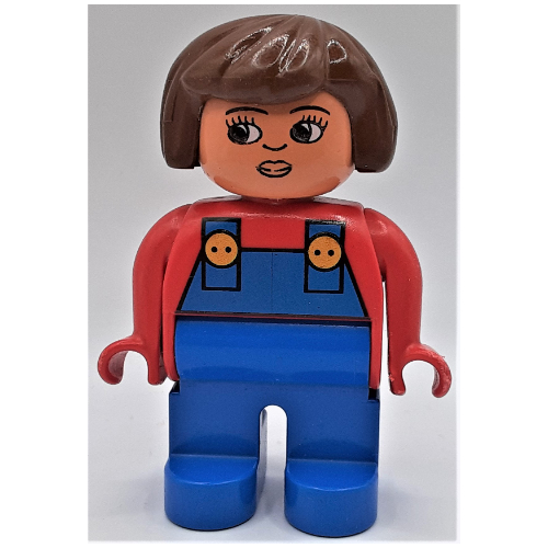 Duplo Figure, Early, Hair Bob Brown, Blue Legs, Blue Overalls, Turned Down Nose Print Red