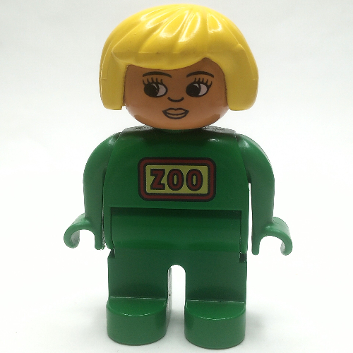 Duplo Figure, Early, Hair Bob Yellow, Green Legs, Red 'ZOO' Logo Print Grün