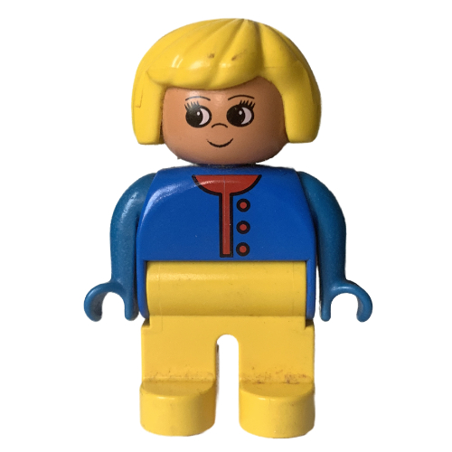 Duplo Figure, Early, Hair Bob Yellow, Yellow Legs, Red Buttons and Undershirt Print Blau