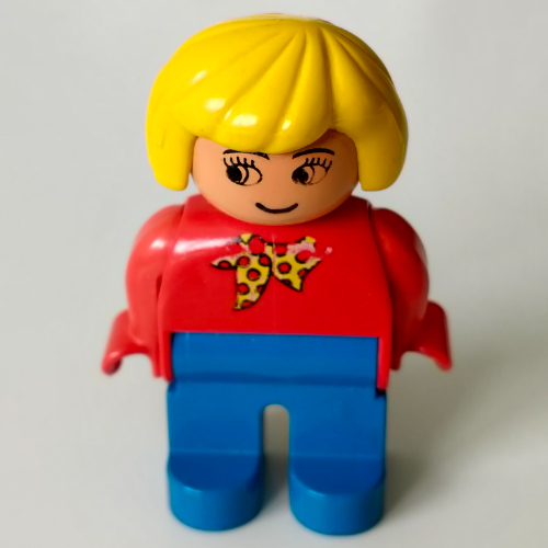 Duplo Figure, Early, Hair Bob Yellow, Blue Legs, Yellow Scarf with Red Dots Print Red