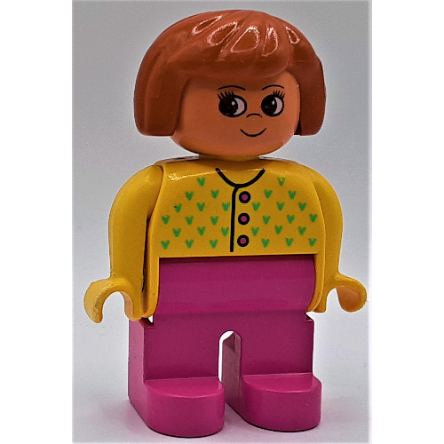 Duplo Figure, Early, Hair Bob Dark Orange, Dark Pink Legs, Buttons and Medium Green Flowers Print Gelb