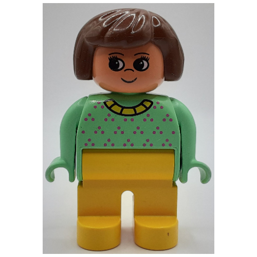 Duplo Figure, Early, Hair Bob Brown, Yellow Legs, Dark Pink Dots and Yellow Collar Print Mittelgrün
