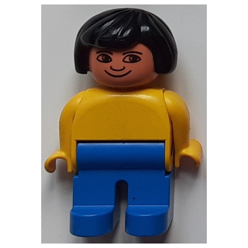Duplo Figure, Early, Hair Bob Black, Blue Legs, Plain Top Yellow