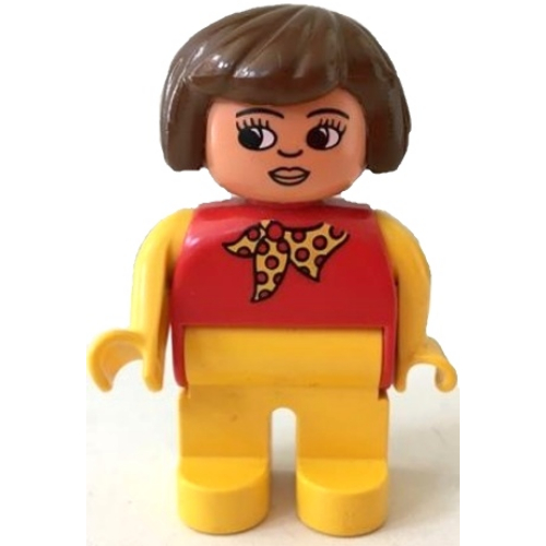 Duplo Figure, Early, Hair Bob Brown, Yellow Legs, Yellow Arms, Yellow Scarf with Red Dots, White Eyes Print Rot