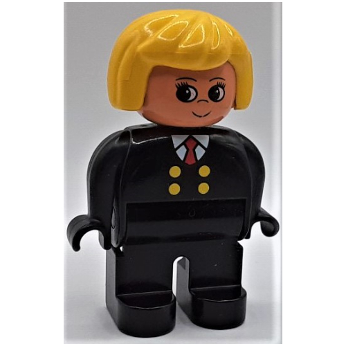 Duplo Figure, Early, Hair Bob Yellow, Black Legs, Four Yellow Buttons and Red Tie Print Black