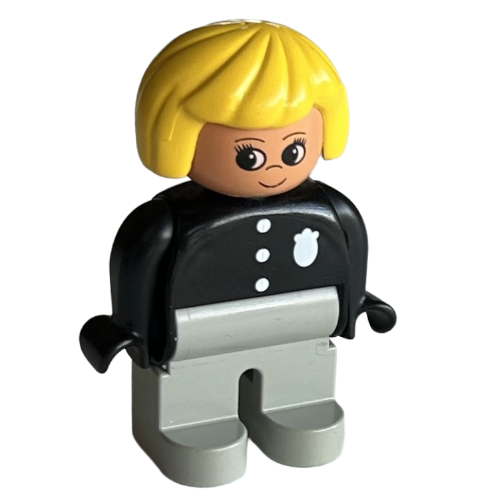 Duplo Figure, Early, Hair Bob Yellow, Light Gray Legs, 3 Buttons and Badge Print Schwarz