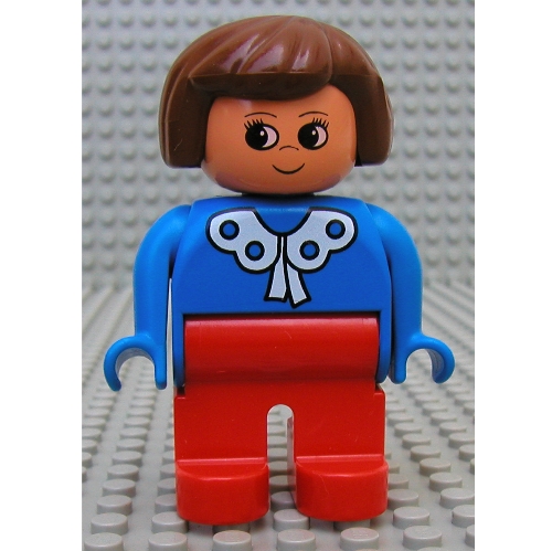 Duplo Figure, Early, Hair Bob Brown, Red Legs, with White Lace Trim Print Blue