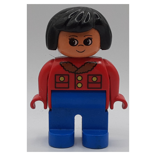 Duplo Figure, Early, Hair Bob Black, Blue Legs, Jacket with Pockets, Buttons, and Fur Collar Print Rot
