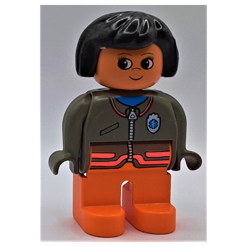 Duplo Figure, Early, Hair Bob Black, Orange Legs, Jacket with Zipper and EMT Star of Life Badge Print Dark Gray