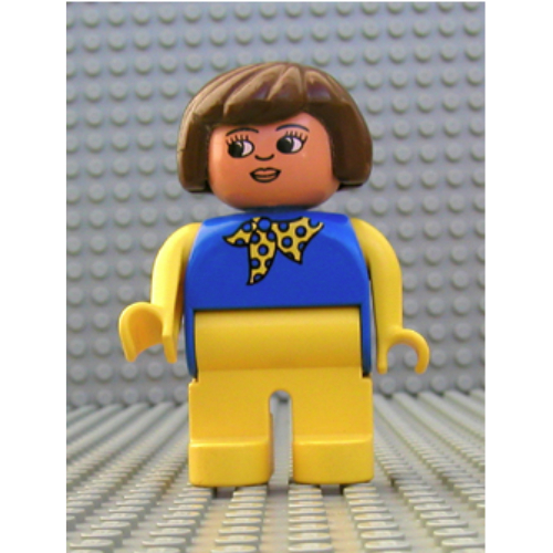 Duplo Figure, Early, Hair Bob Brown, Yellow Legs, Yellow Scarf with Blue Dots, Yellow Arms, White Eyes Print Blau