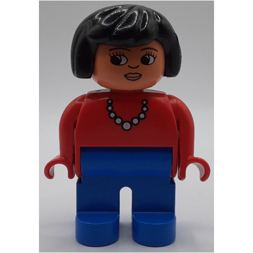 Duplo Figur, früh, schwarzer Bob, blaue Beine, weiße Perlenkette (bedruckt)
