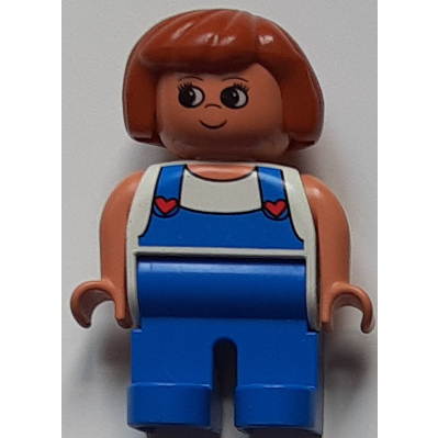 Duplo Figure, Early, Hair Bob Dark Orange, Blue Legs, White Top with Blue Overalls with Red Hearts Print White