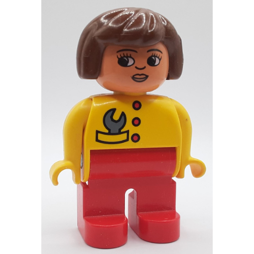 Duplo Figure, Early, Hair Bob Brown, Red Legs, Red Buttons and Gray Wrench, Turned Down Nose Print
