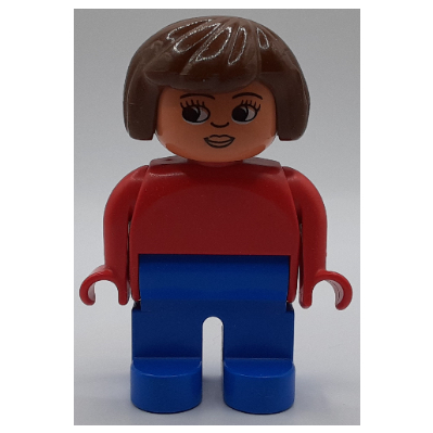Duplo Figure, Early, Hair Bob Brown, Blue Legs, Lips, Eyelashes, White Eyes Print Red
