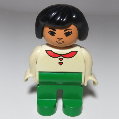 Duplo Figure, Early, Hair Bob Black, Green Legs, Blouse with Red Heart Buttons & Collar, Lips Print (Asian) White