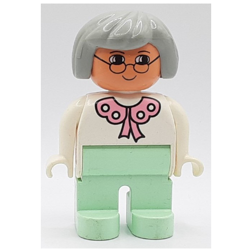 Duplo Figure, Early, Hair Bob Light Gray, Light Green Legs, Pink Lace Collar, Glasses Print Weiß