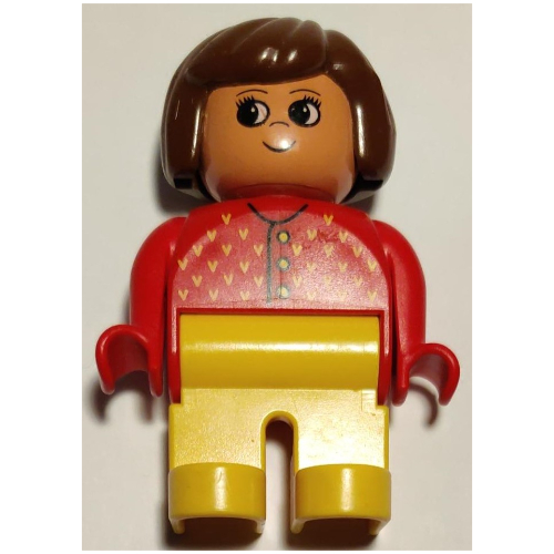 Duplo Figure, Early, Hair Bob Brown, Yellow Legs, Red Sweater with Yellow 'V', Nose Pointing Up Print Rot