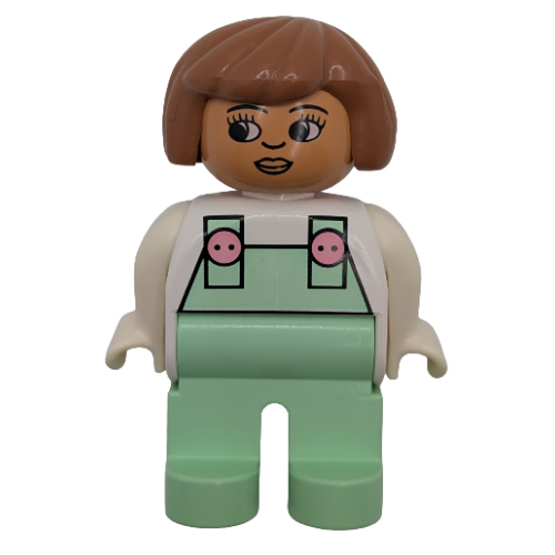 Duplo Figure, Early, Hair Bob Fabuland Brown, Light Green Legs, Light Green Overalls with Pink Buttons Print White
