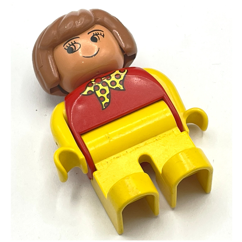 Duplo Figure, Early, Hair Bob Fabuland Brown, Yellow Legs, Yellow Arms, Yellow Scarf with Red Dots Print Rot