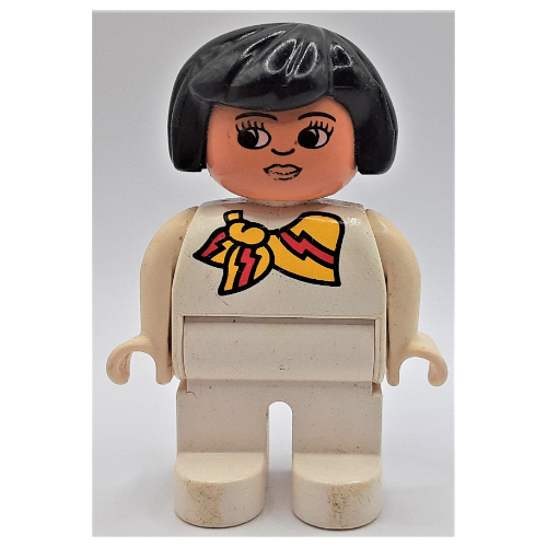 Duplo Figure, Early, Hair Bob Black, White Legs, Yellow and Red Scarf Print Weiß