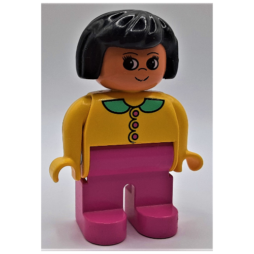 Duplo Figure, Early, Hair Bob Black, Dark Pink Legs, and Dark Pink Buttons and Medium Green Collar Print Gelb