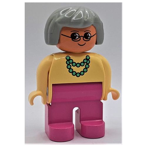 Duplo Figure, Early, Hair Bob Light Gray, Dark Pink Legs, Light Green Necklace, Glasses Print Hellgelb
