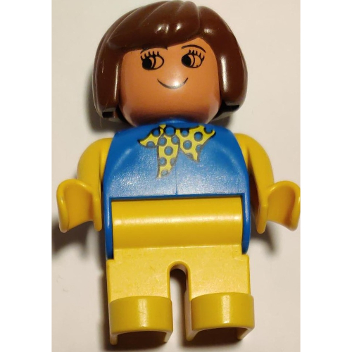 Duplo Figure, Early, Hair Bob Brown, Yellow Legs, Blue Top with Yellow and Blue Polka Dot Scarf, Yellow Arms Print Blau