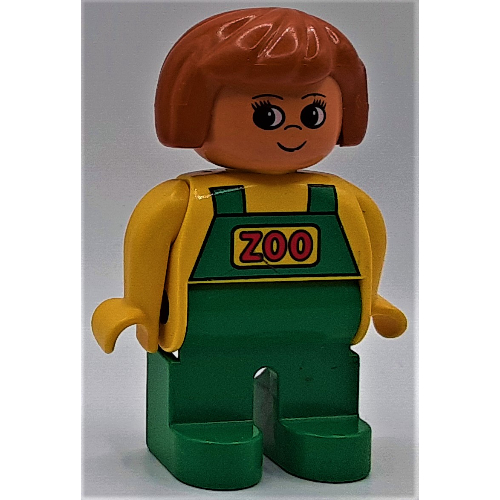 Duplo Figure, Early, Hair Bob Dark Orange, Green Legs, Green Overalls Print (Zoo Keeper) Yellow