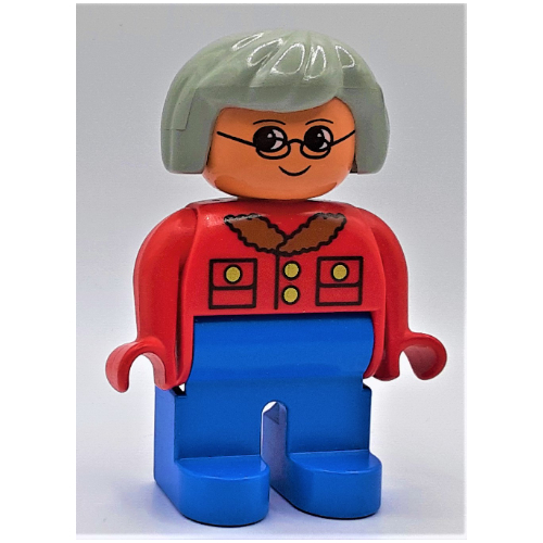 Duplo Figure, Early, Hair Bob Light Gray, Blue Legs, Jacket with Pockets and Collar, Glasses Print Red