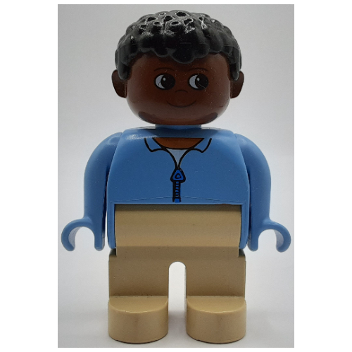 Duplo Figure, Early, Short Afro Hair Black, Tan Legs, Shirt with Zipper Print Mittelblau