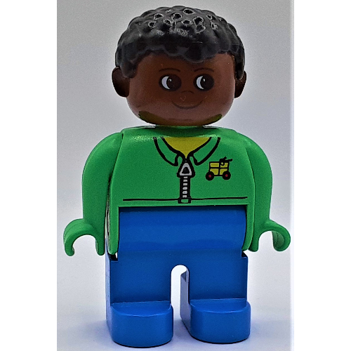 Duplo Figure, Early, Short Afro Hair Black, Blue Legs, Shirt with Zipper and Cargo Logo Print Bright Green