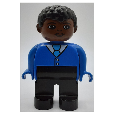 Duplo Figure, Early, Short Afro Hair Black, Black Legs, Shirt with Tie, Jacket Buttons Print Blau