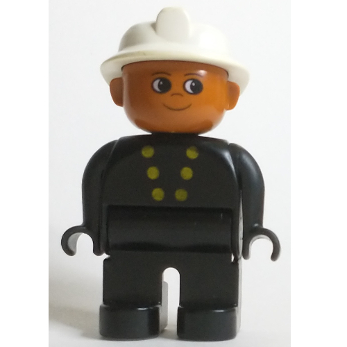 Duplo Figure, Early, Fire Helmet White, Black Legs, Gold Buttons Print Black