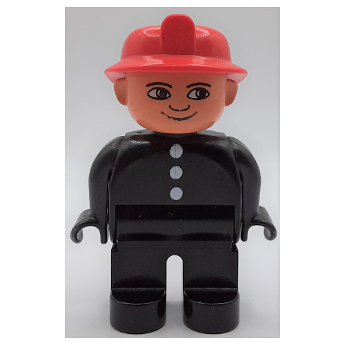 Duplo Figure, Early, Fire Helmet Red, Black Legs, White Buttons Print Black