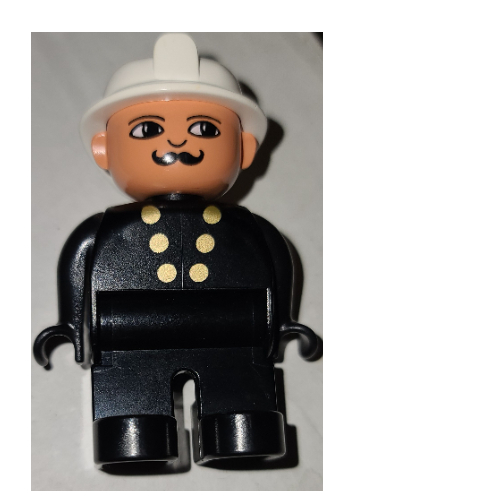Duplo Figure, Early, Fire Helmet White, Black Legs, Gold Buttons, Moustache Print Schwarz