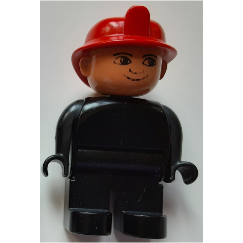 Duplo Figure, Early, Fire Helmet Red, Black Legs, No White in Eyes Print Schwarz