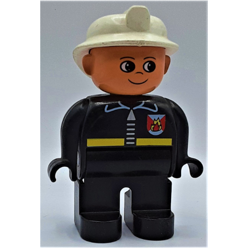 Duplo Figure, Early, Fire Helmet White, Black Legs, Fire Jacket with Zipper Print Schwarz