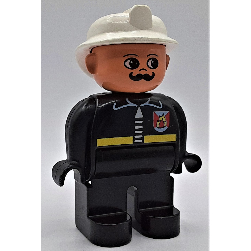 Duplo Figure, Early, Fire Helmet White, Black Legs, Fire Jacket with Zipper, Moustache Print Black