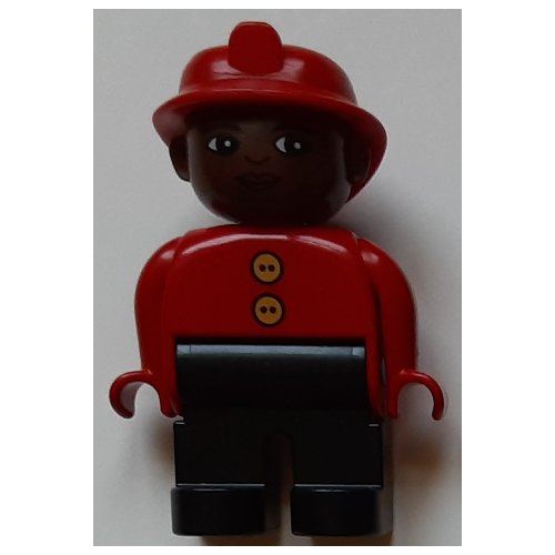 Duplo Figure, Early, Fire Helmet Red, Black Legs, Gold Buttons Print Rot