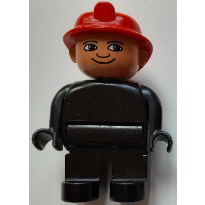 Duplo Figure, Early, Fire Helmet Red, Black Legs, White Eyes Print in Black