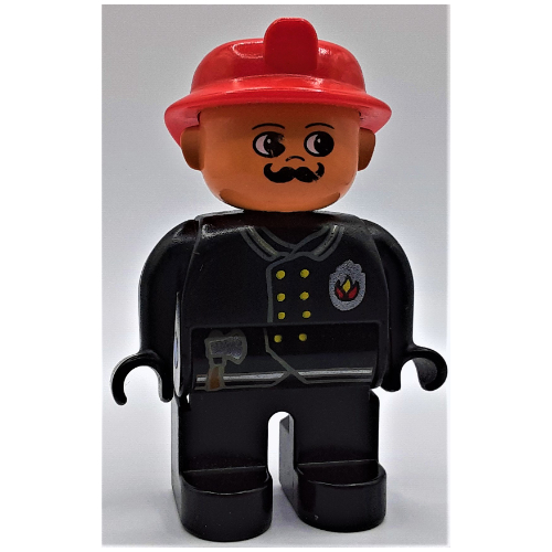 Duplo Figure, Early, Fire Helmet Red, Black Legs, Gold Buttons, Axe, Fire Badge, Moustache Print Black