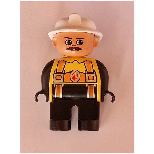 Duplo Figure, Early, Fire Helmet White, Black Legs, Orange Harness with Fire Badge, Moustache Print Gelb