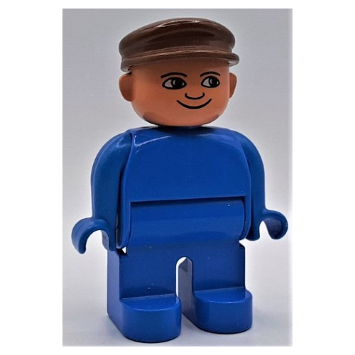 Duplo Figure, Early, with Flat Cap Brown, Blue Legs, Plain Top Blue