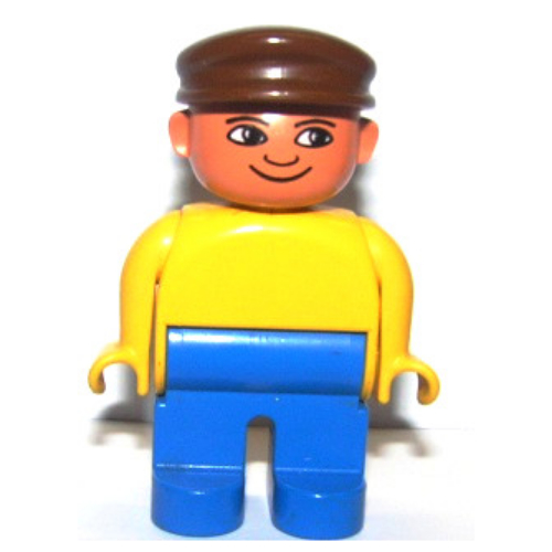 Duplo Figure, Early, with Flat Cap Brown, Blue Legs, Plain Top Gelb