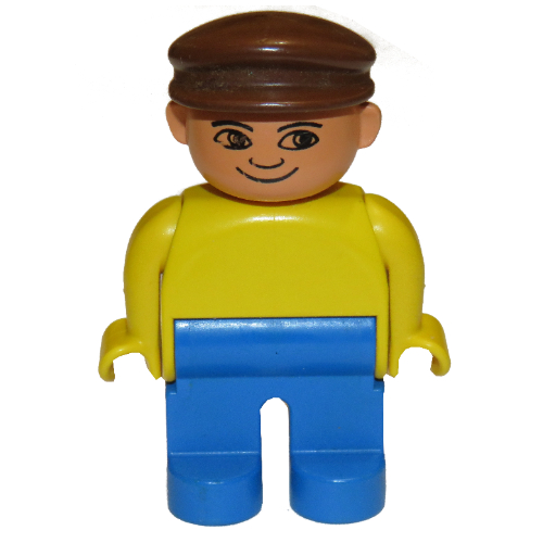 Duplo Figure, Early, with Flat Cap Brown, Blue Legs, no White in Eyes Print Yellow