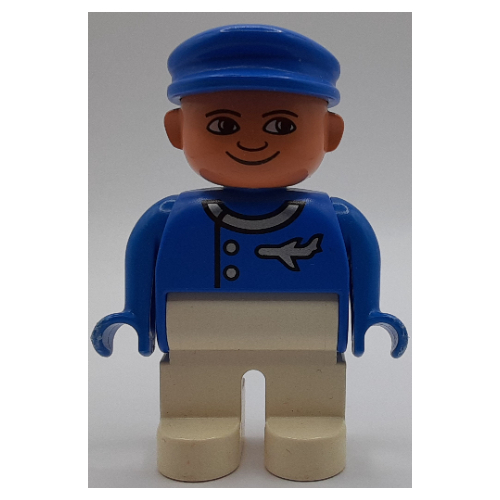 Duplo Figure, Early, with Flat Cap Blue, White Legs, Jacket with Airplane Print Blue