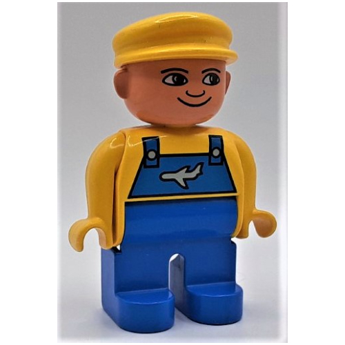 Duplo Figure, Early, with Flat Cap Yellow, Blue Legs, Blue Overalls with Airplane Print Yellow