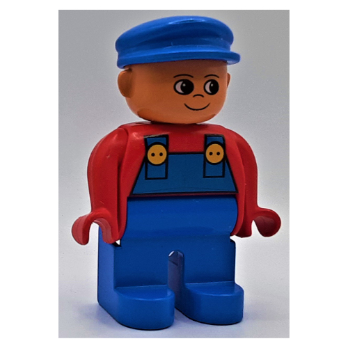 Duplo Figure, Early, with Flat Cap Blue, Blue Legs, Blue Overalls, Turned Up Nose Print Rot