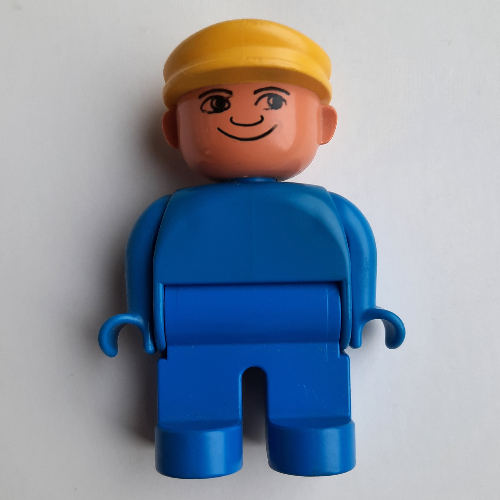 Duplo Figure, Early, with Flat Cap Yellow, Blue Legs, Plain Top Blue